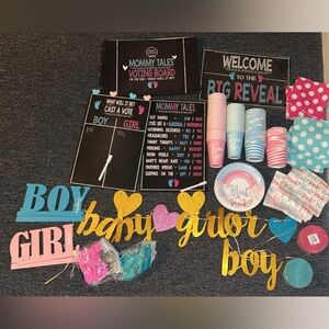 Gender Reveal Party Supplies Set - Gold, Pink, Blue